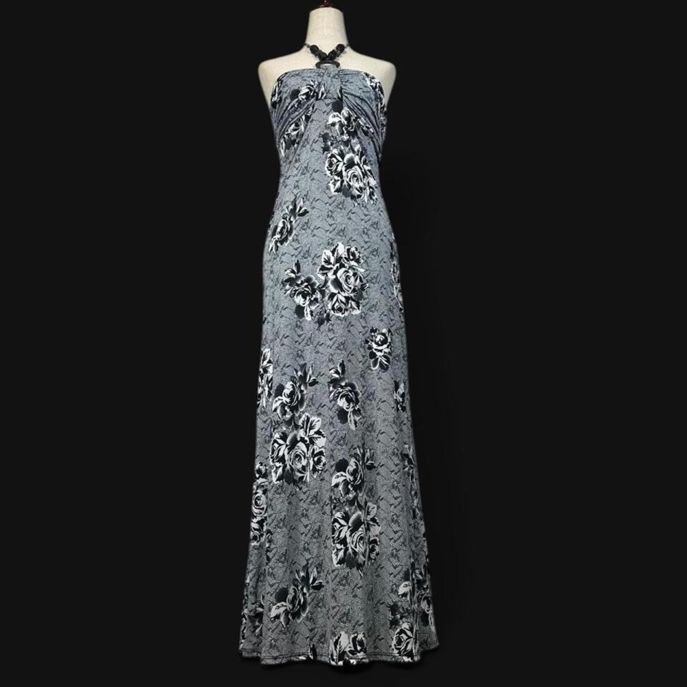 Vintage Monochrome Floral Halter Maxi Dress Beaded Womens M Boho Whimsygoth
